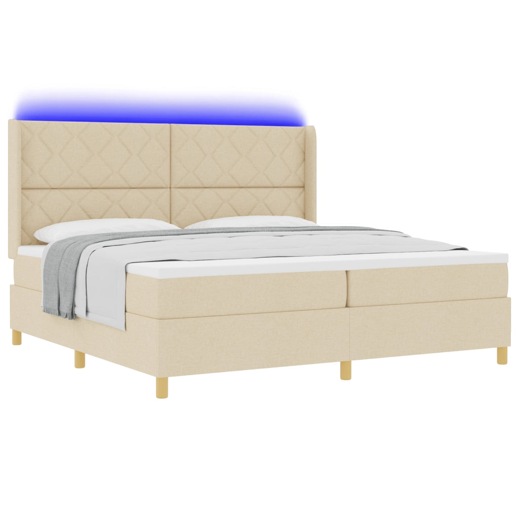 Letto Box Spring  con Materasso e LED Crema 200x200 cm Tessuto