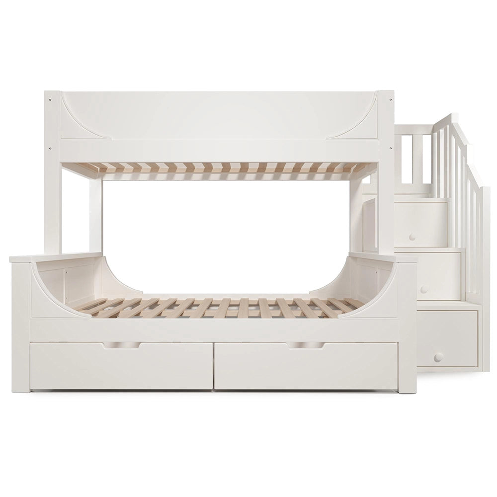 Letto a castello-Xylo-90x200+140x200cm, scala, cassetti, design slitta, bianco