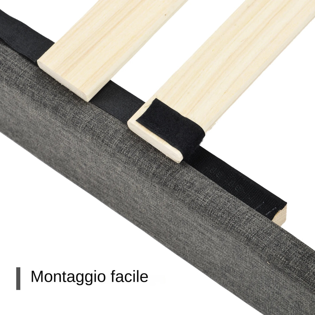 Letto matrimoniale imbottito 140x200 cm con testiera e rete a doghe; tessuto grigio scuro