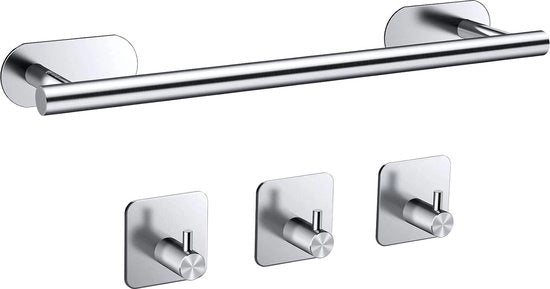 Maniglione per asciugamani senza foratura 40 cm Maniglione per asciugamani in acciaio inossidabile con 3 ganci per asciugamani Maniglione autoadesivo per bagno Montaggio a parete per bagno camera da letto cucina (argentato sbreccato)