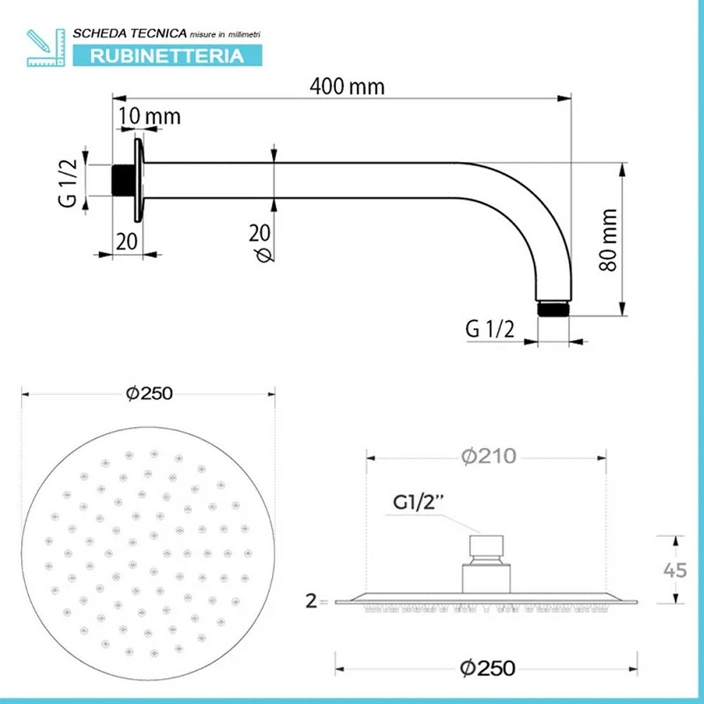 Set doccia miscelatore con deviatore, braccio 40 cm e soffione 25cm finitura cromo lucido Aurora