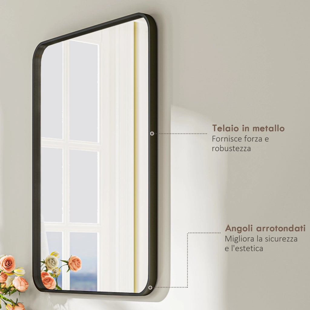 Specchio Bagno con Cornice in Metallo e Gancio, 60x2.5x80 cm, Nero