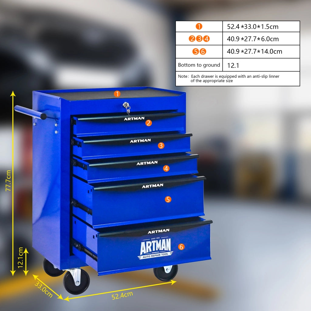 Carrello portautensili con 5 cassetti, ruote piroettanti, serratura e struttura in acciaio, per garage, nero e blu