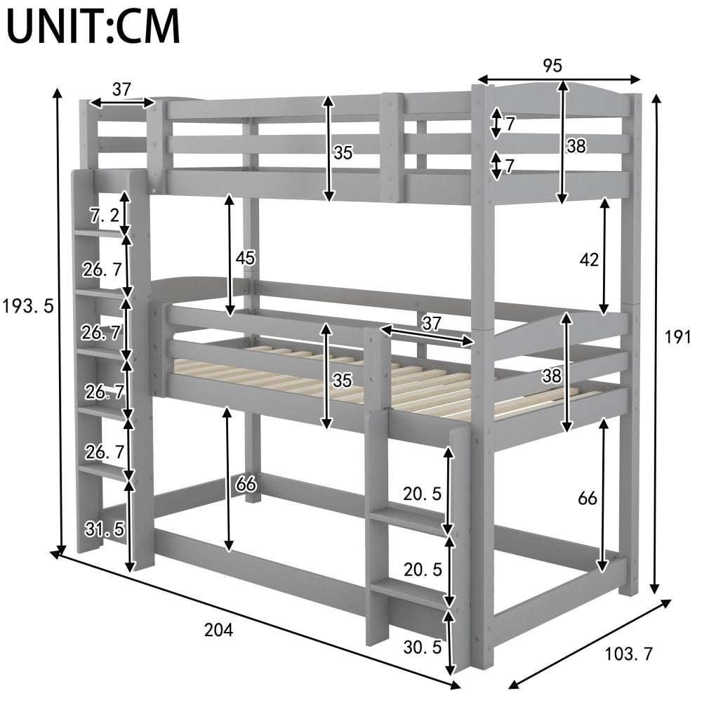 Letto a castello triplo per bambini 90x200 cm in legno di pino; grigio