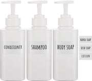 Dispensatore di sapone con etichette, 3 pezzi 300 ml lezioni di shampoo, shampoo e condizionatore con navicella in plastica, crema, sapone per mani, bottiglia per cucina e bagno, bianco