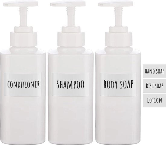 Dispensatore di sapone con etichette, 3 pezzi 300 ml lezioni di shampoo, shampoo e condizionatore con navicella in plastica, crema, sapone per mani, bottiglia per cucina e bagno, bianco