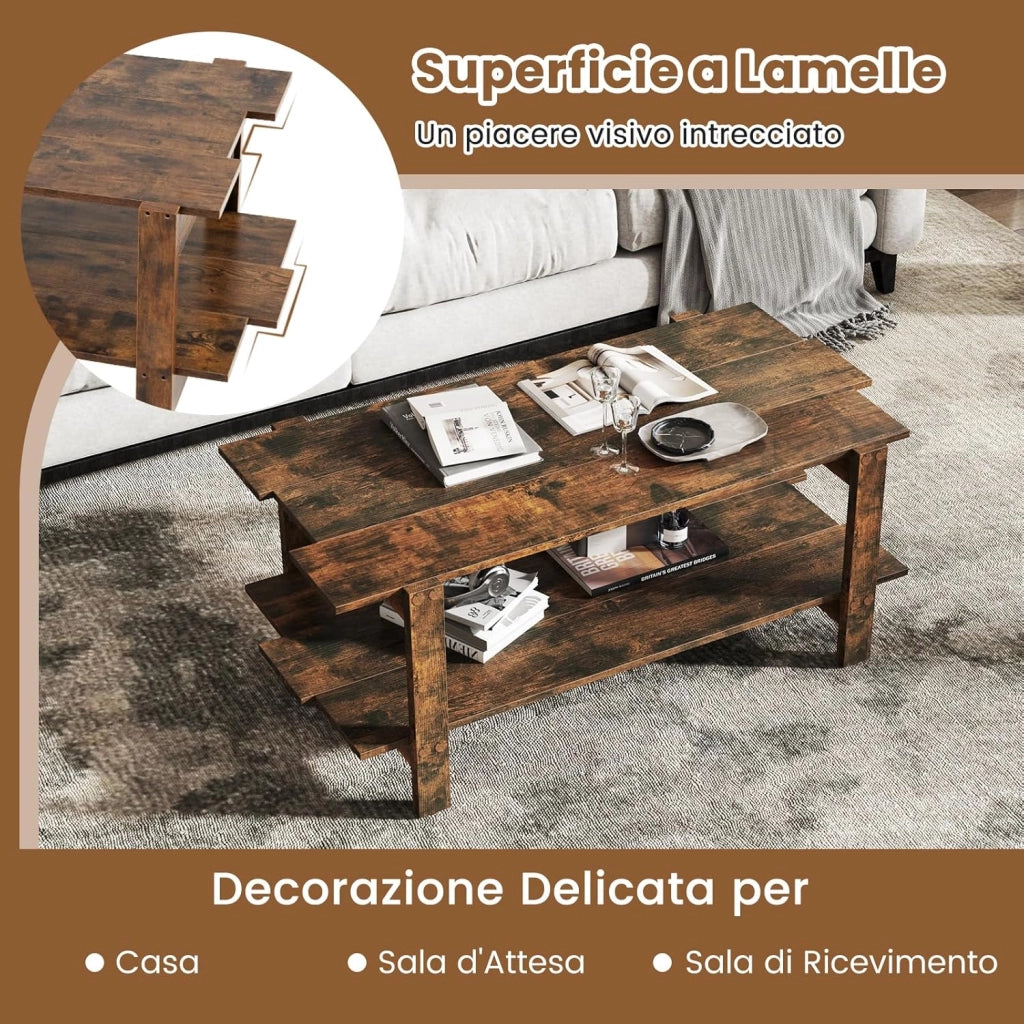 Tavolino da Caffè a 2 Ripiani, Tavolino Rettangolare da Salotto in Legno con Mensola di Stoccaggio, Ideale per Ufficio e Soggiorno, 115 x 59 x 46 cm (Marrone)