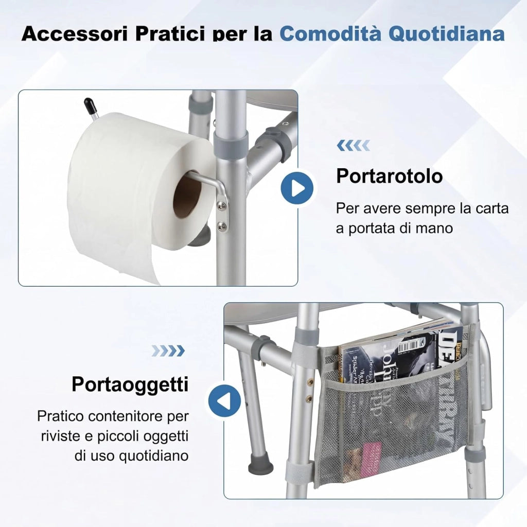 Ringhiera di Sicurezza WC, Barra Bagno con Braccioli Imbottiti, Portacarta Igienica e Tasca Portaoggetti, Altezza Regolabile in 5 Posizioni, Rialzo WC per Anziani, Donne Incinte e Pazienti
