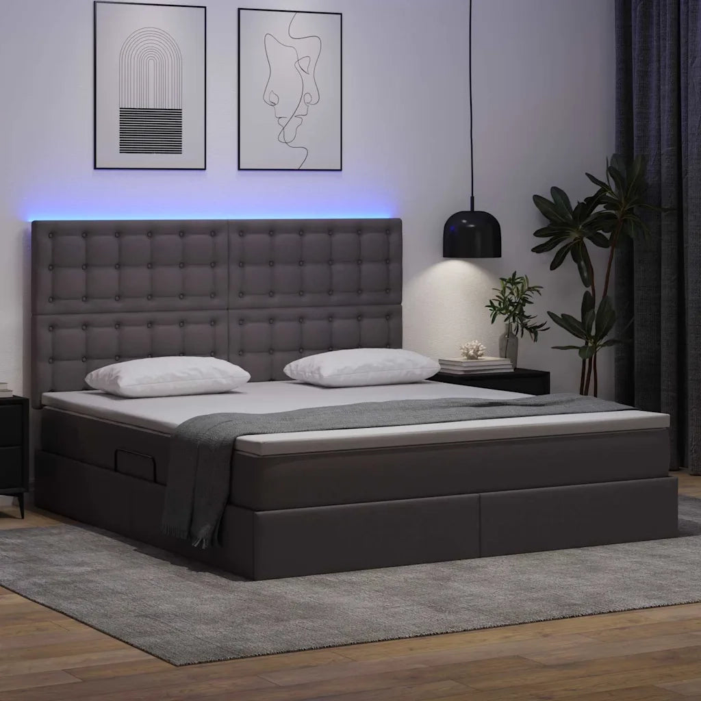 Letto con contenitore e LED Grigio 160 x 200 cm Pelle Sintetica