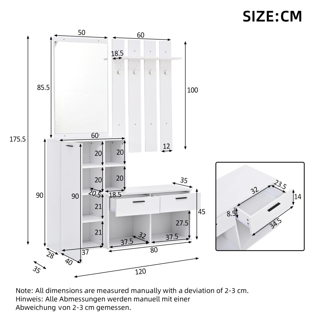 Mobile ingresso con specchio, scarpiera e appendiabiti in MDF bianco per ordine salvaspazio