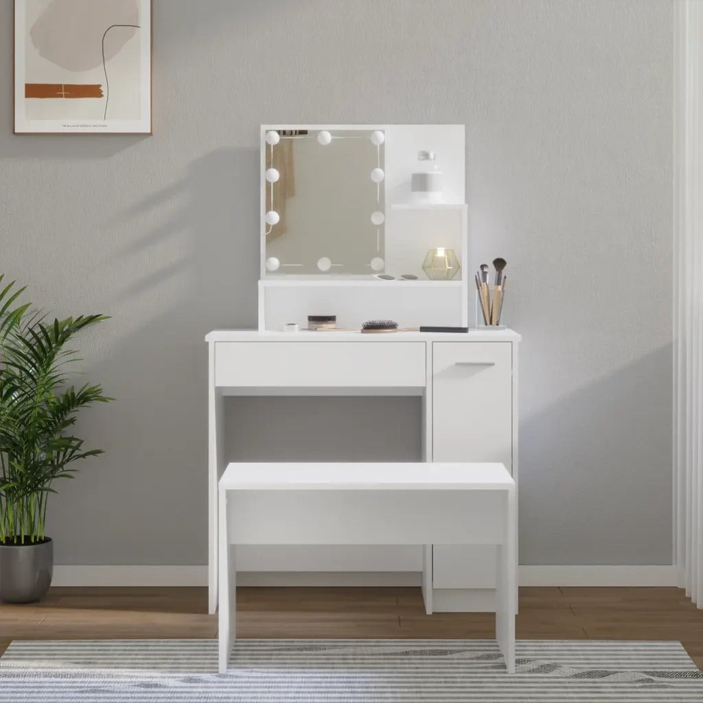 Set Tavolo da Toeletta | Tavolo da Trucco Bianco con LED in Legno Multistrato