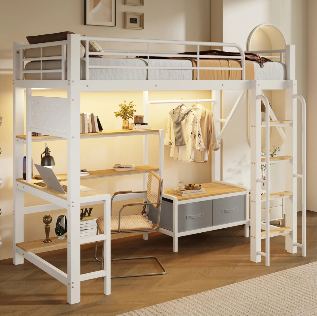 Letto a soppalco 90x200 cm con scrivania, scaffali, LED e USB