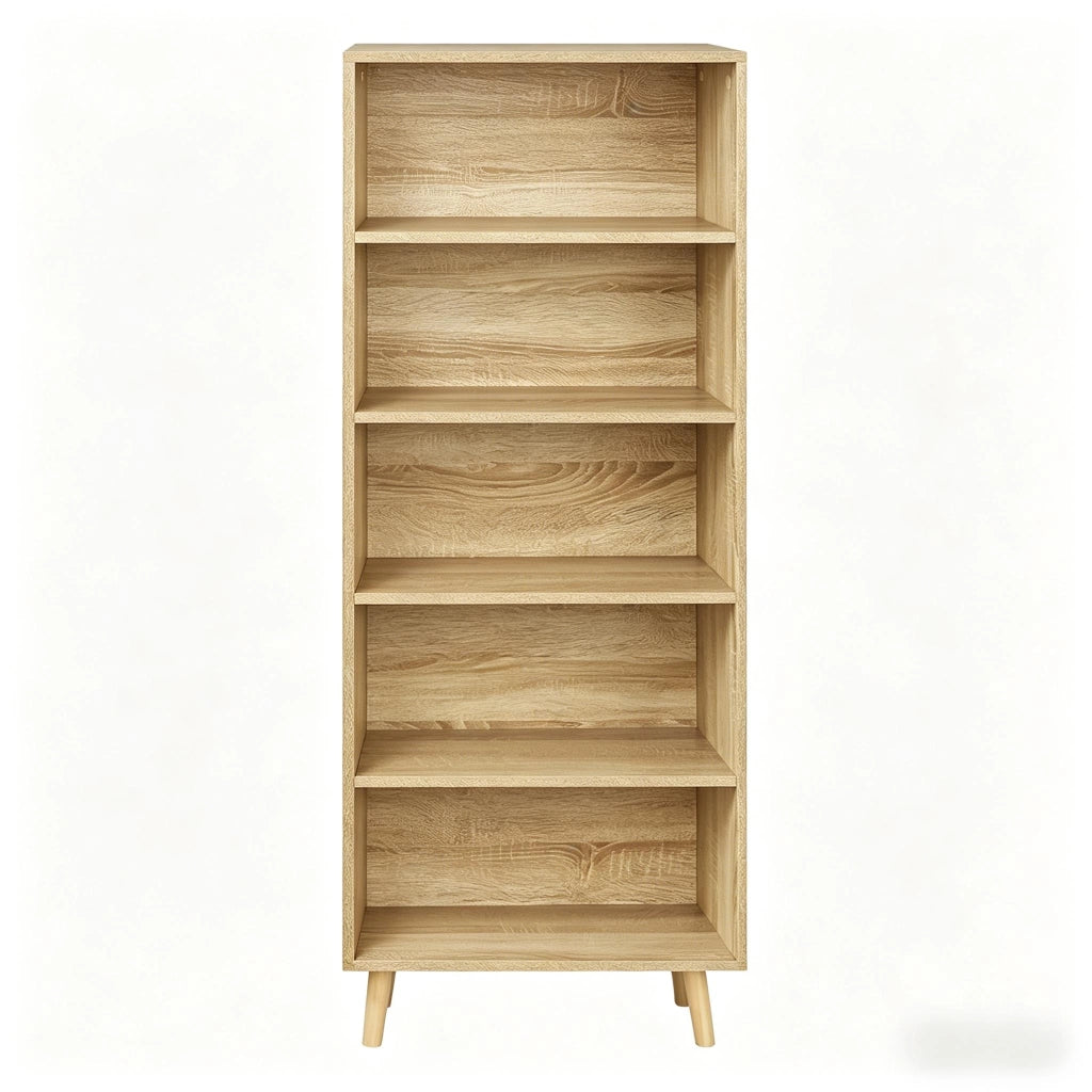 Libreria a 5 ripiani aperti in melaminico E1 con piedi in legno massello, 60 × 24 × 144 cm, color legno chiaro