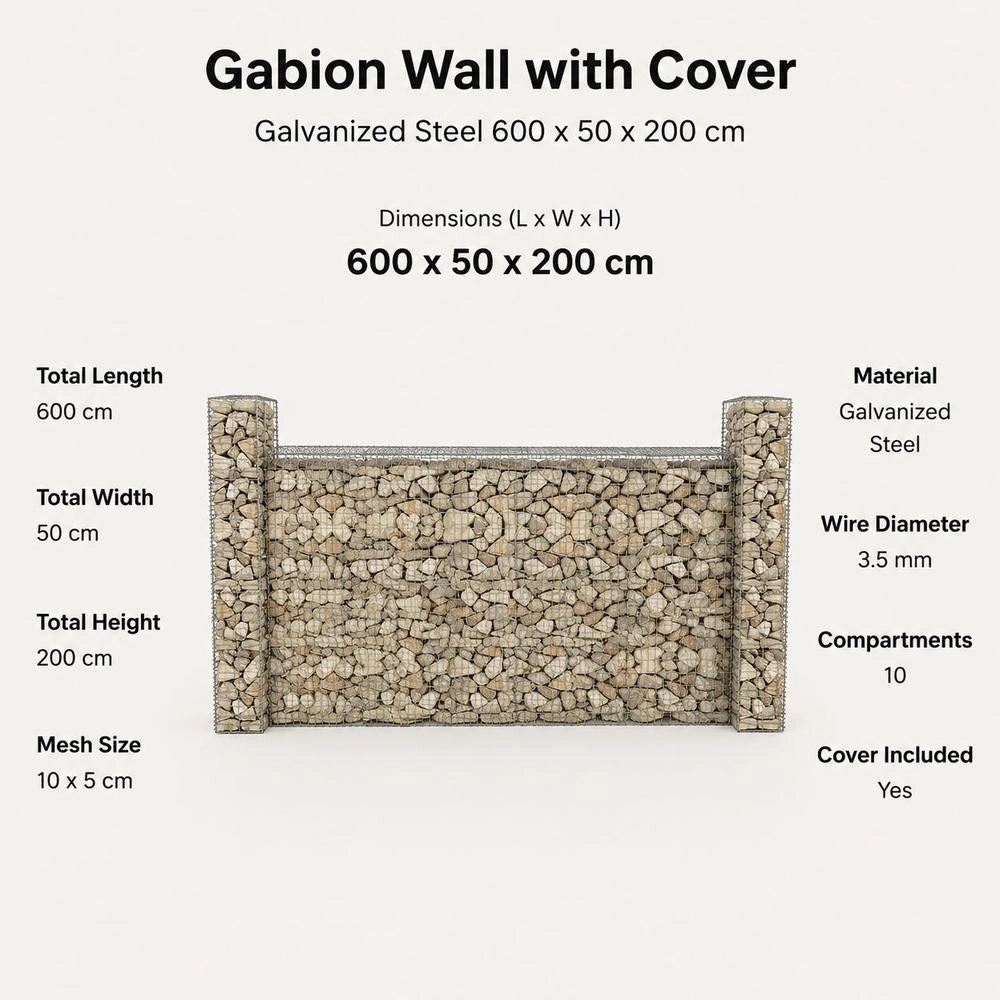 Gabion Wall With Cover, Galvanized Steel, 600 X 50 X 200 Cm