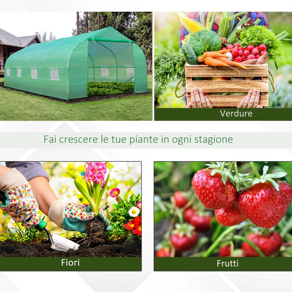 Serra a Tunnel con 8 Finestrelle Laterali e Ingresso Avvolgibile, in PE e Acciaio, 6x3x2 m, Verde