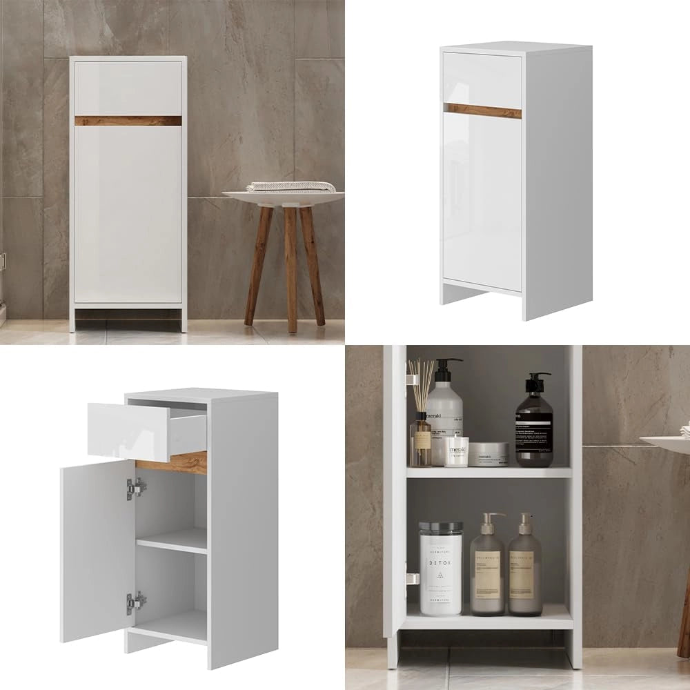 Mobiletto midi Detmold, Bianco lucido/oro power oak, 35 x 82 cm con anta e cassetto, adatto per montaggio a parete e combinabile con la serie Detmold