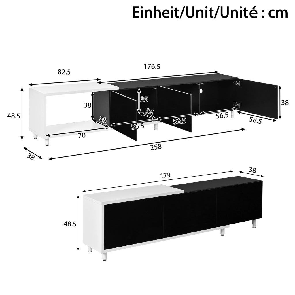 Mobile TV allungabile con 3 ante e vani aperti - per soggiorno - in truciolare e MDF - 258×38×48.5 cm - nero e bianco