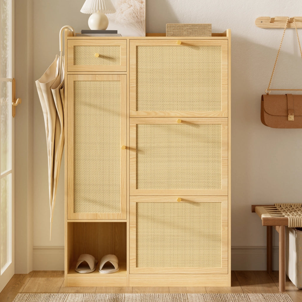 Scarpiera slim in stile rattan con 3 ante ribaltabili, cassetto e vano laterale, 80,5 ¡Á 25 ¡Á 125 cm, colore naturale