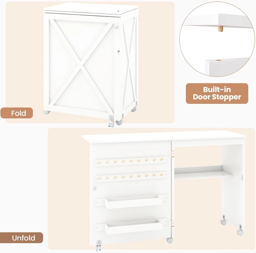 Tavolo Cucire con Ruote, Tavolino Cucito Pieghevole, Asse da Stiro Richiudibile, Mobile per Macchina da Cucire a Scomparsa, Allungabile a 3 Livelli, 58x40x78 cm, 2 Colori Disponibili