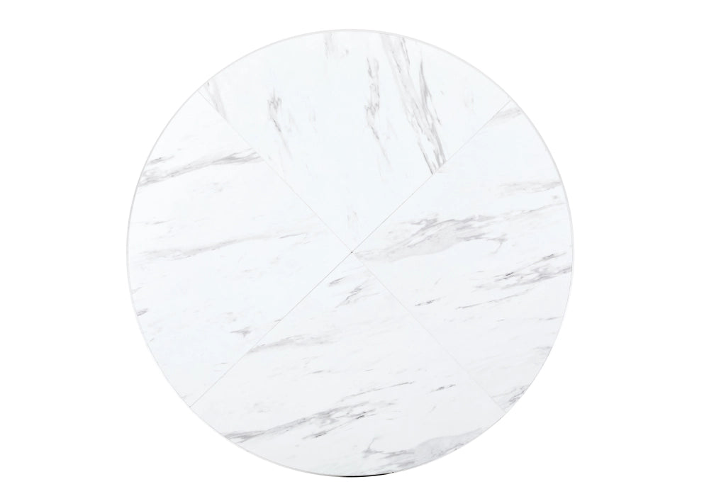Tavolo da pranzo rotondo con piano in MDF effetto marmo, base in metallo, per cucina e soggiorno, bianco, Ø 100 cm