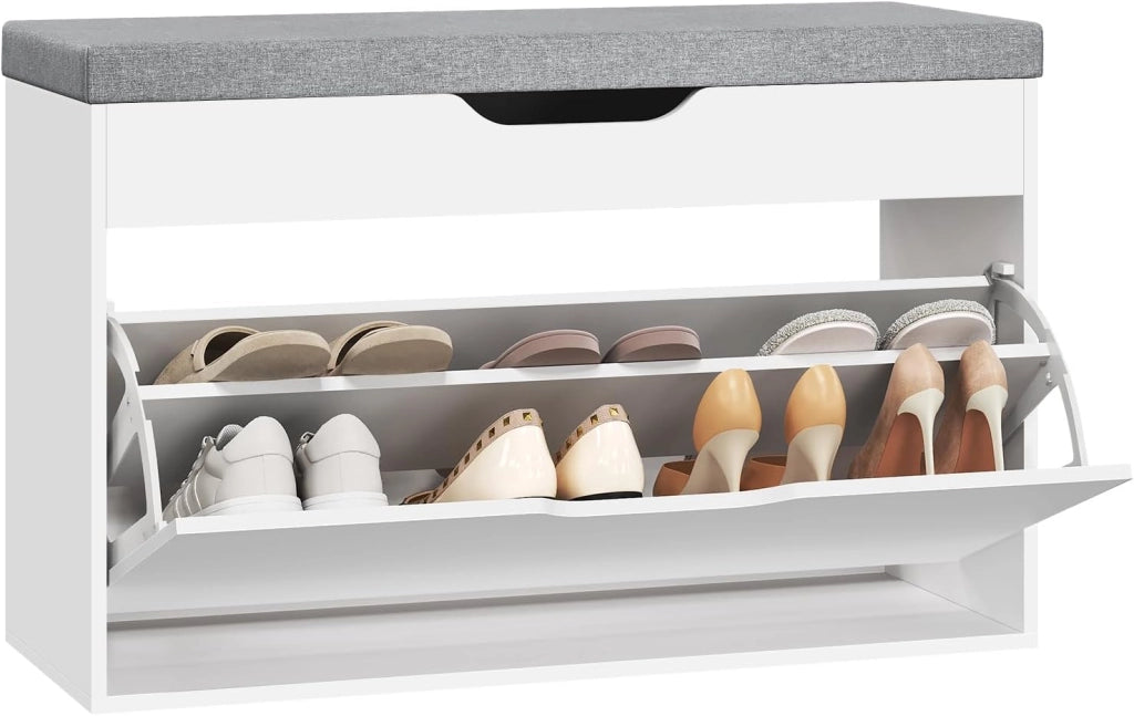 Panca Scarpiera da Ingresso, Porta Scarpe con Cassetto Ribaltabile a 2 Livelli e Scomparto Nascosto, per Ingresso, Camera da Letto, Soggiorno, Corridoio, 80x30x51 cm, Bianco + Grigio
