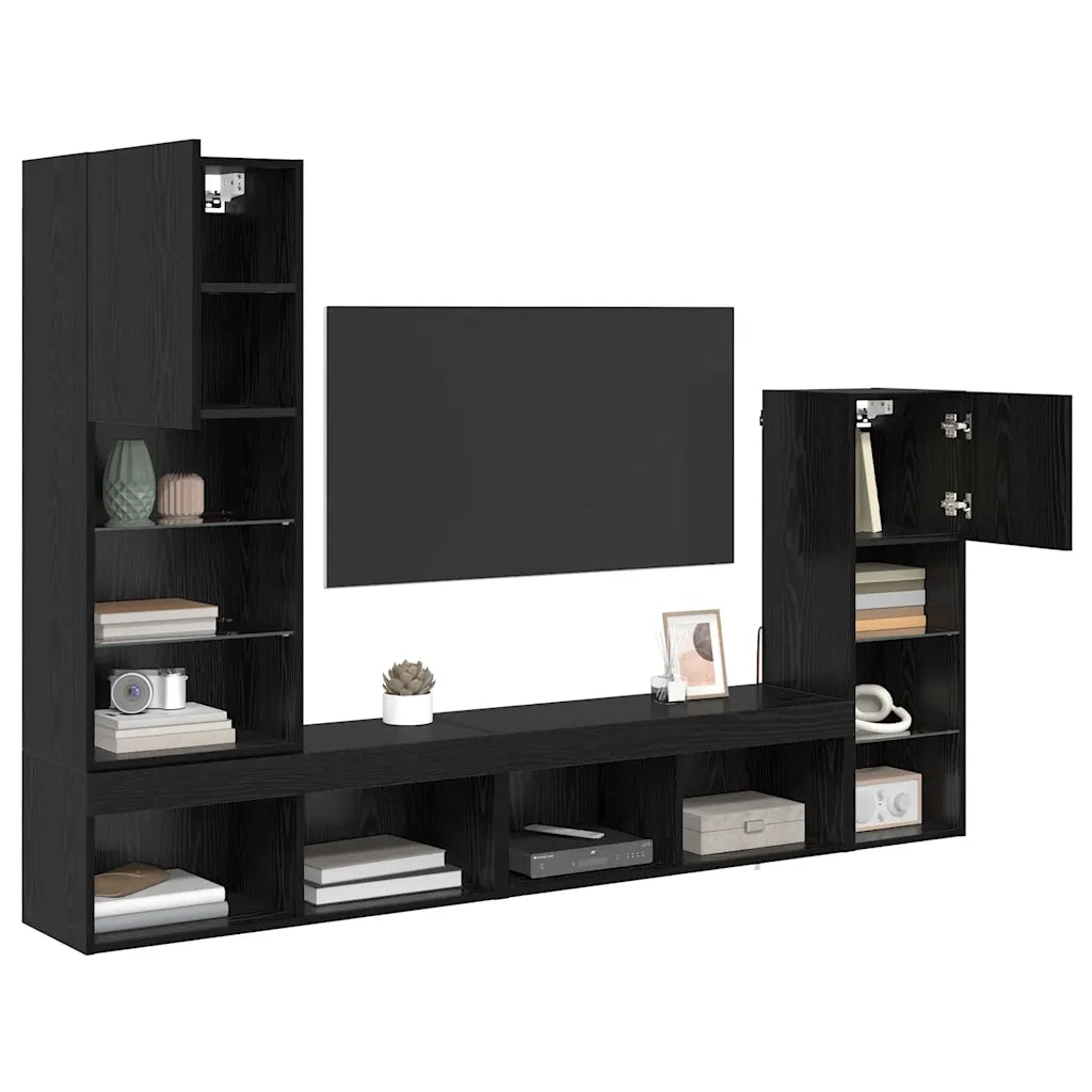 Mobile Porta TV a Muro 4 pz-Credenza per TV Rovere Nero Legno multistrato