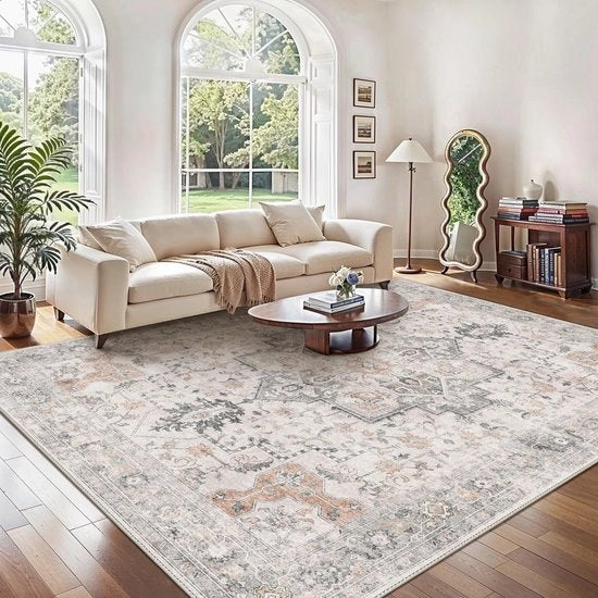 Tappeto vintage 200x290cm per soggiorno, tappeti extra grandi per soggiorno, tappeto boho, grande tappeto antiscivolo, tappeto per camera da letto, sala da pranzo, ufficio, beige.