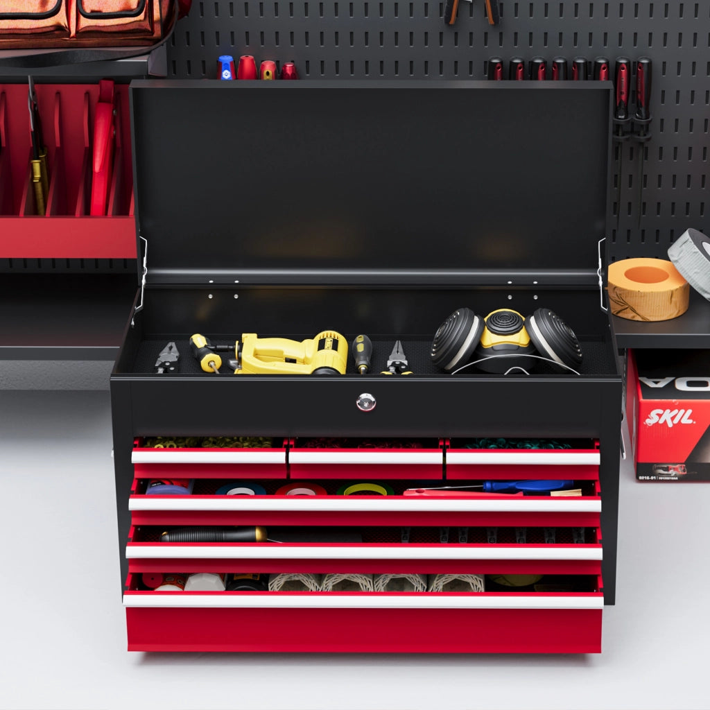 Cassetta Portautensili 60x26x34 cm Rosso Nero in Acciaio con 6 Cassetti, Serratura e Maniglia