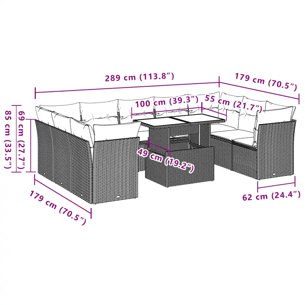 Set Divani da Giardino 10 pz con Cuscini Marrone in Polyrattan 3266824