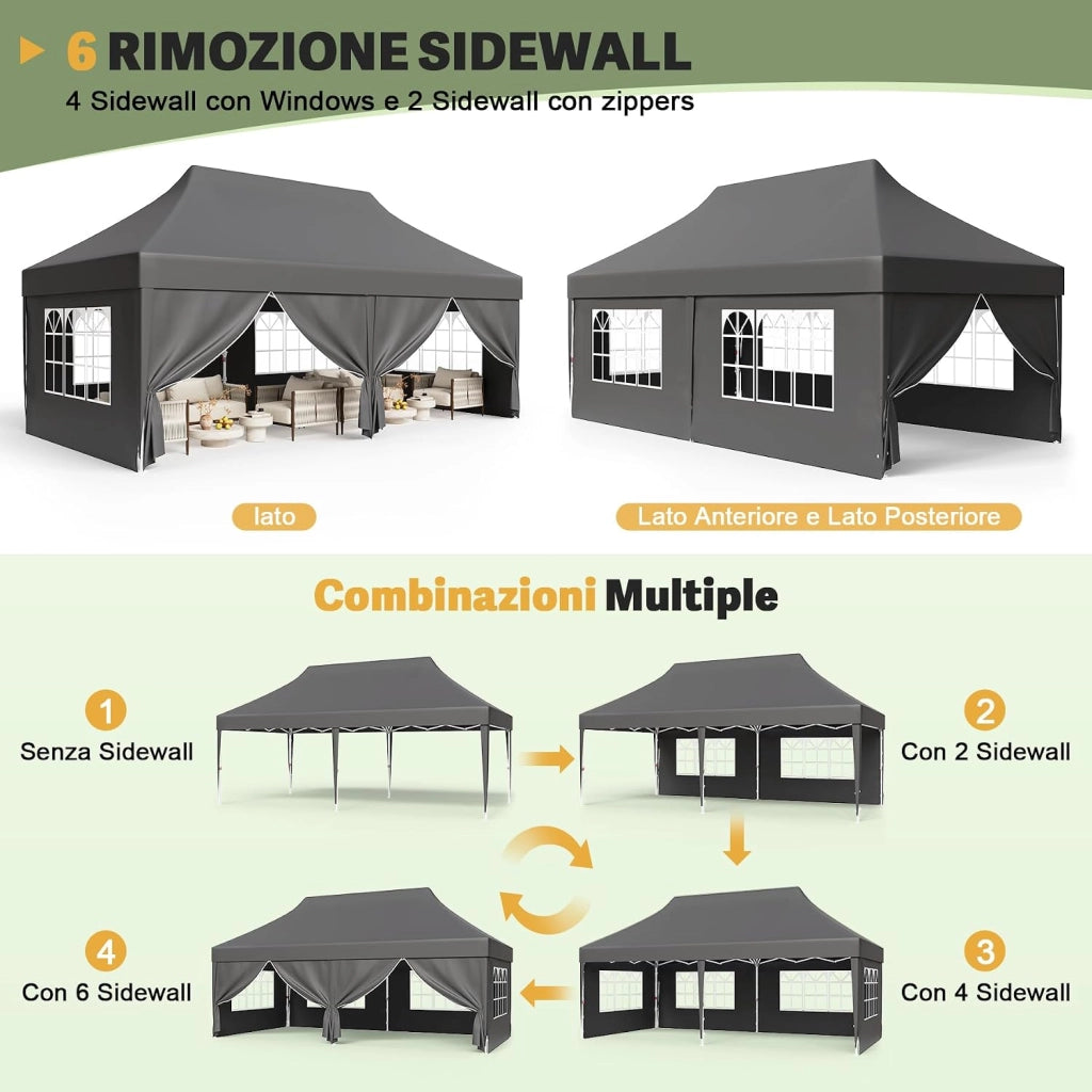 Gazebo 3x6 Pieghevole con Pareti Laterali, Gazebo con Altezza Regolabile, Telo in Tessuto Oxford Impermeabile, Tenda Robusta e Duratura per Matrimoni, Esterno, Giardini e Feste, Grigio