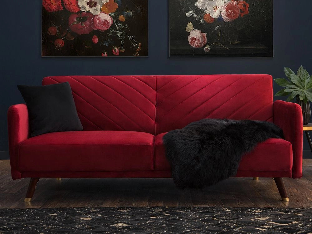 Divano Letto Tessuto Velluto Rosso Scuro Soggiorno Moderno 3 Posti Gambe In Legno Braccio A Pista