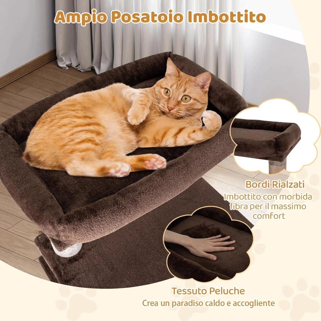Albero per Gatti Alto 148 cm, Tiragraffi per Gatti con Condo Aereo Oscillante, Cuccia Morbida, Tiragraffi, Foro e Pompon e Piattaforme, Mobile da Arrampicata Interna