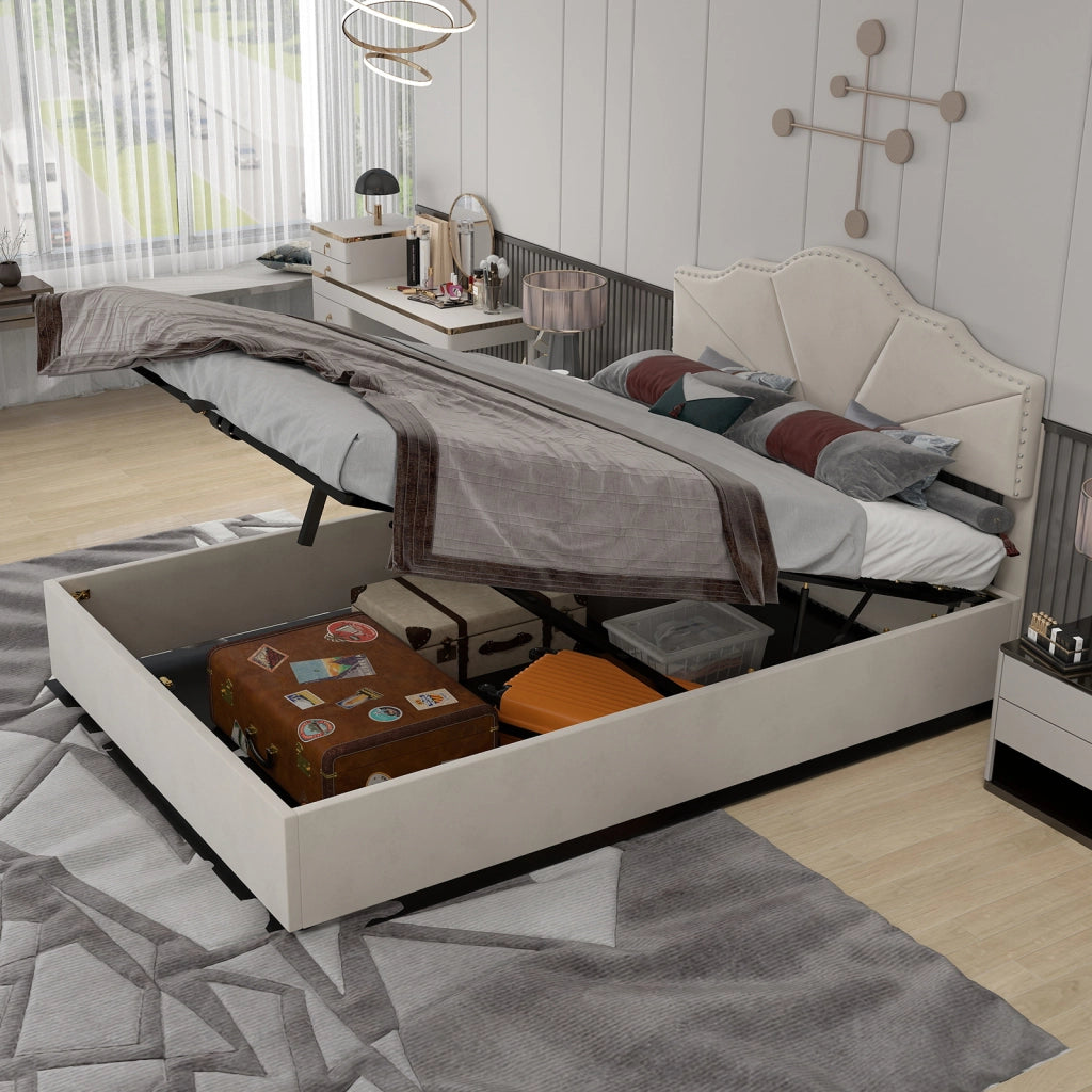 Letto Contenitore Imbottito ¨C MINIMAL ¨C Beige 140x200 con Testiera, Idraulico
