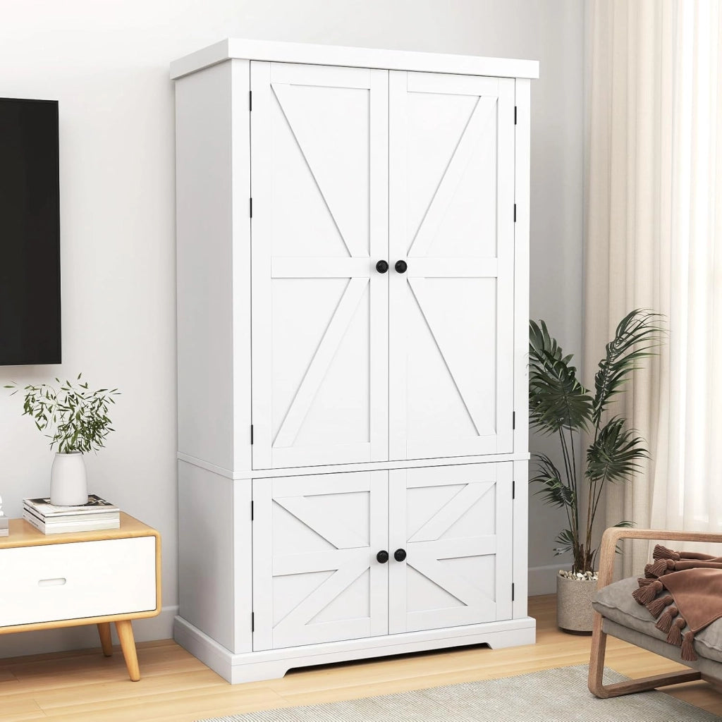 Mobiletto Multiuso con 4 Ante in Legno, Credenza Cucina Salvaspazio con 2 Ripiani Regolabili e 1 Armadio, Mobile Buffet per Sala da Pranzo, Soggiorno, 76,5 x 40 x 139 cm, Bianco(In 2 Pacchi)