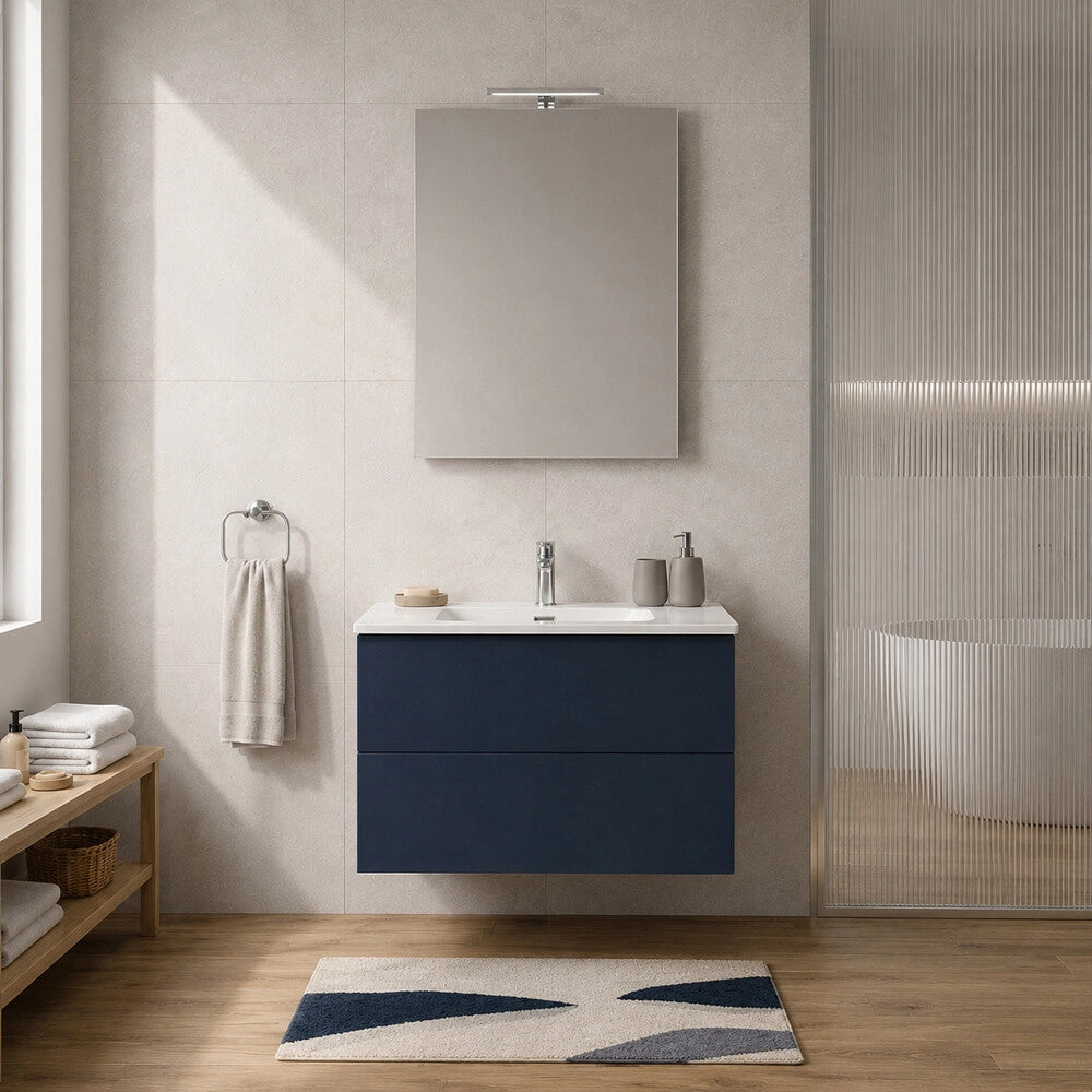 Mobile bagno sospeso 80 cm blu due cassetti push-pull e lavabo Tierra