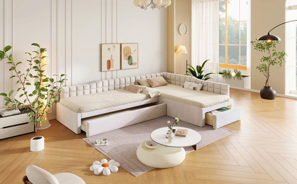 Letto combinato 90 × 200 cm con letto estraibile, 2 cassetti, senza materasso, in flanella beige