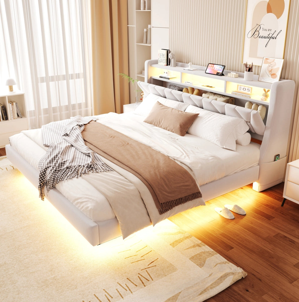 Letto matrimoniale imbottito 180x200 cm in velluto beige con testiera multifunzione e LED