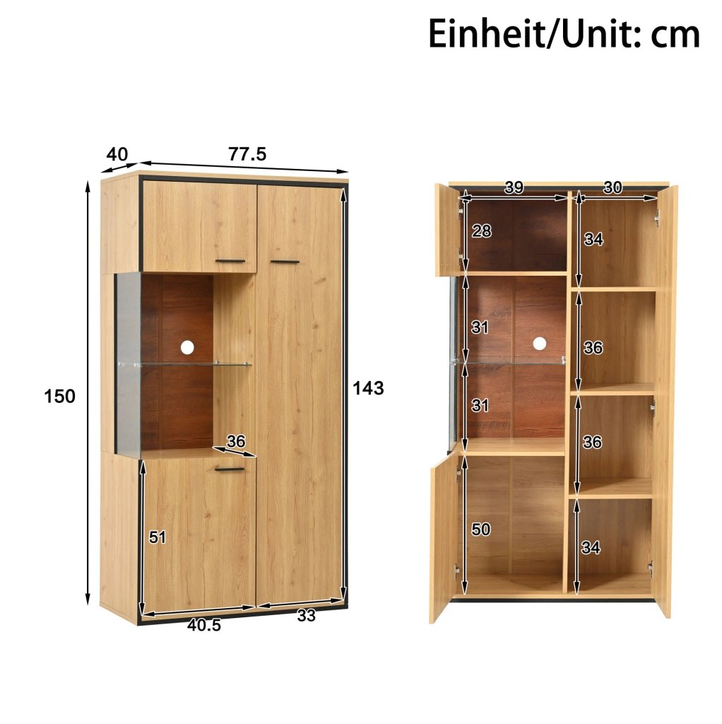 Vetrina moderna con LED; 150 cm; 3 ripiani regolabili; MDF; colore naturale
