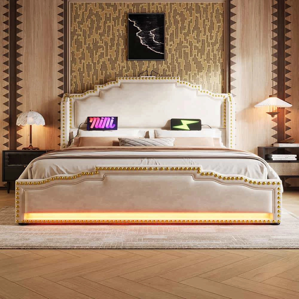 Letto matrimoniale-Xylo-180x200 cm-4 cassetti, LED, USB-C, velluto beige, senza materasso