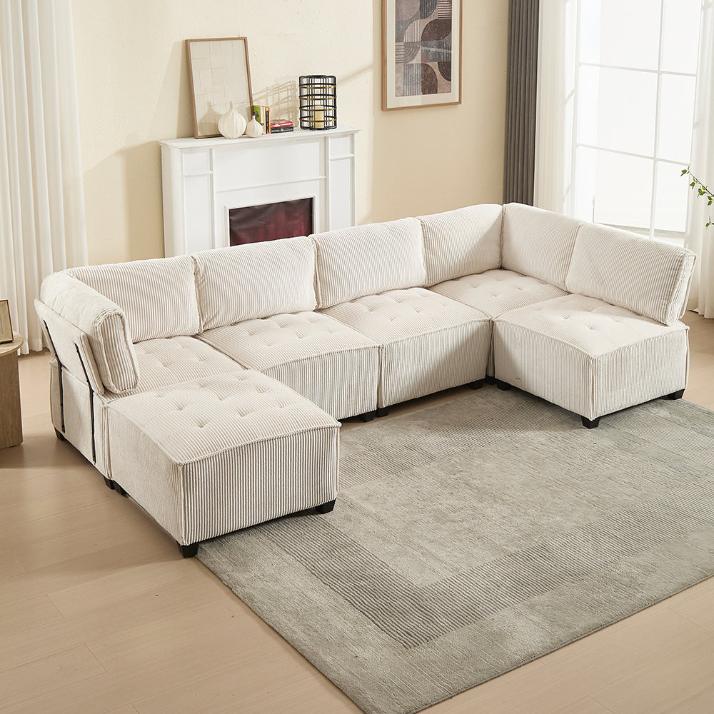 Divano modulare - Xylo - 308cm 6 posti velluto costato con tasche e struttura legno/metallo