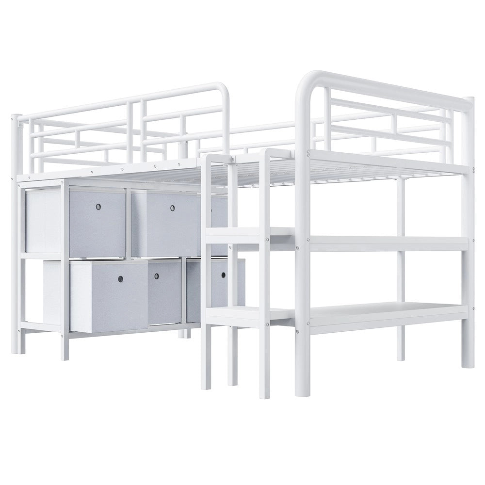 Letto a Soppalco per Bambini con Cassetti e Scaffali ¨C MINIMAL ¨C Metallo Bianco 90x200