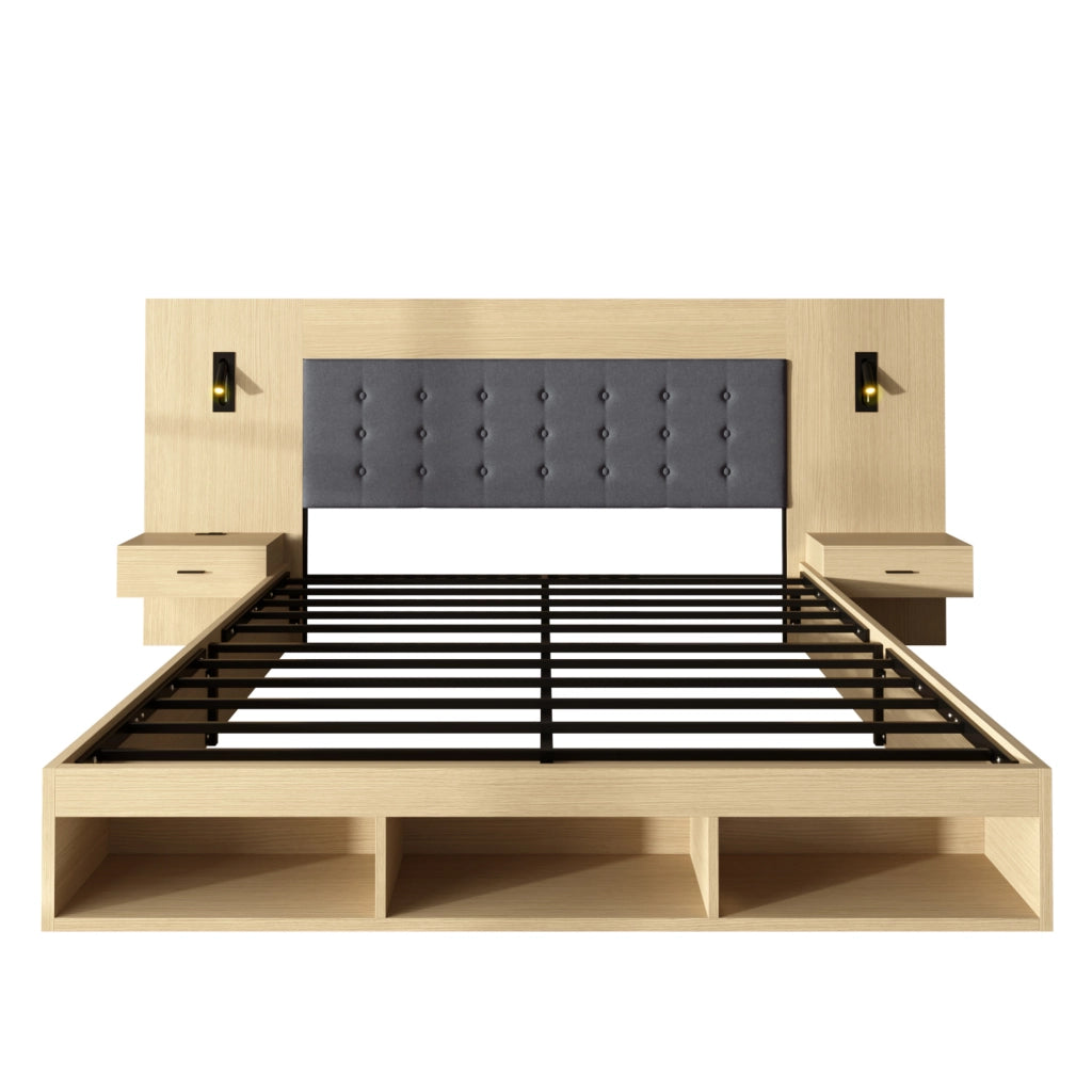 Letto matrimoniale contenitore 180x200 cm con USB Type-C; lampade e comodini; rovere chiaro
