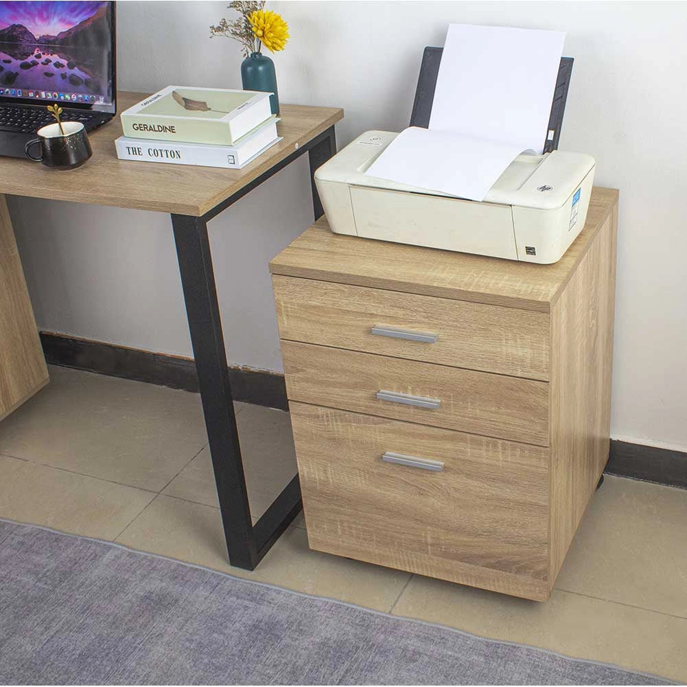 Cassettiera Scrivania Ufficio Legno MDF Mobiletto Stampante 3 Cassetti Quercia
