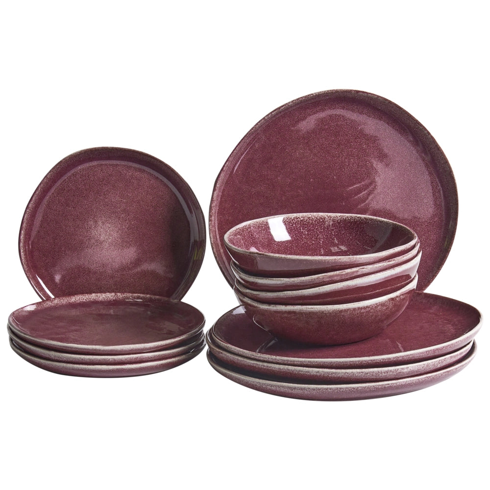 Set di 12 stoviglie in gres caolino fatto a mano con smalto reattivo bordeaux Cucina Sala da pranzo