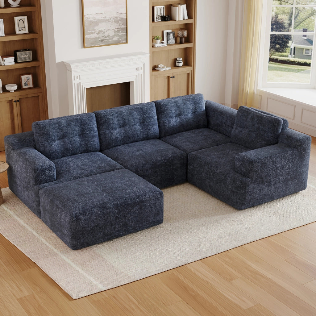 Divano modulare a U senza montaggio con schienale alto e cuscino, in ciniglia blu, 252 × 180 × 82 cm