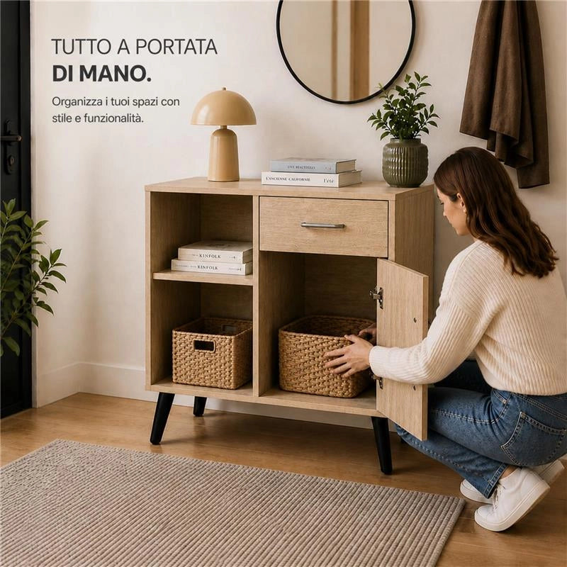 MOBILE MODERNO IN LEGNO CON 2 RIPIANI, 1 ANTA E CASSETTO COLORE ROVERE DIMENSIONI 94X38X74 CM