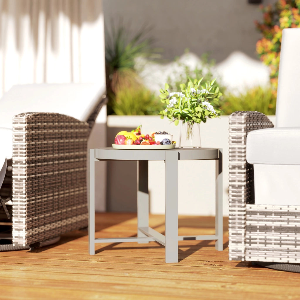 Tavolino laterale rotondo; tavolino da giardino; tavolo da balcone impermeabile; alluminio; marmo; grigio