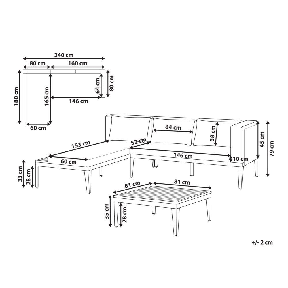 Set di divani angolari da giardino a 3 posti a destra Legno di acacia chiaro certificato Cuscini beige chiaro con tavolino da caffè