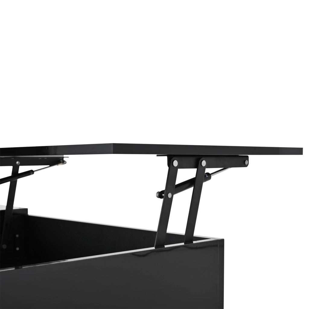 Tavolino da salotto 95x50x40 cm; piano sollevabile con LED e vani portaoggetti; truciolare; nero lucido