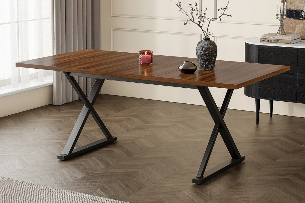 Tavolo da pranzo moderno 180×90 cm in MDF, colore noce, con gambe in metallo nere, per 6-8 persone